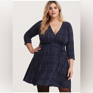 Torrid Blue Plaid Print Tie Waist Faux Wrap Dress Plus Size 4 NWT
